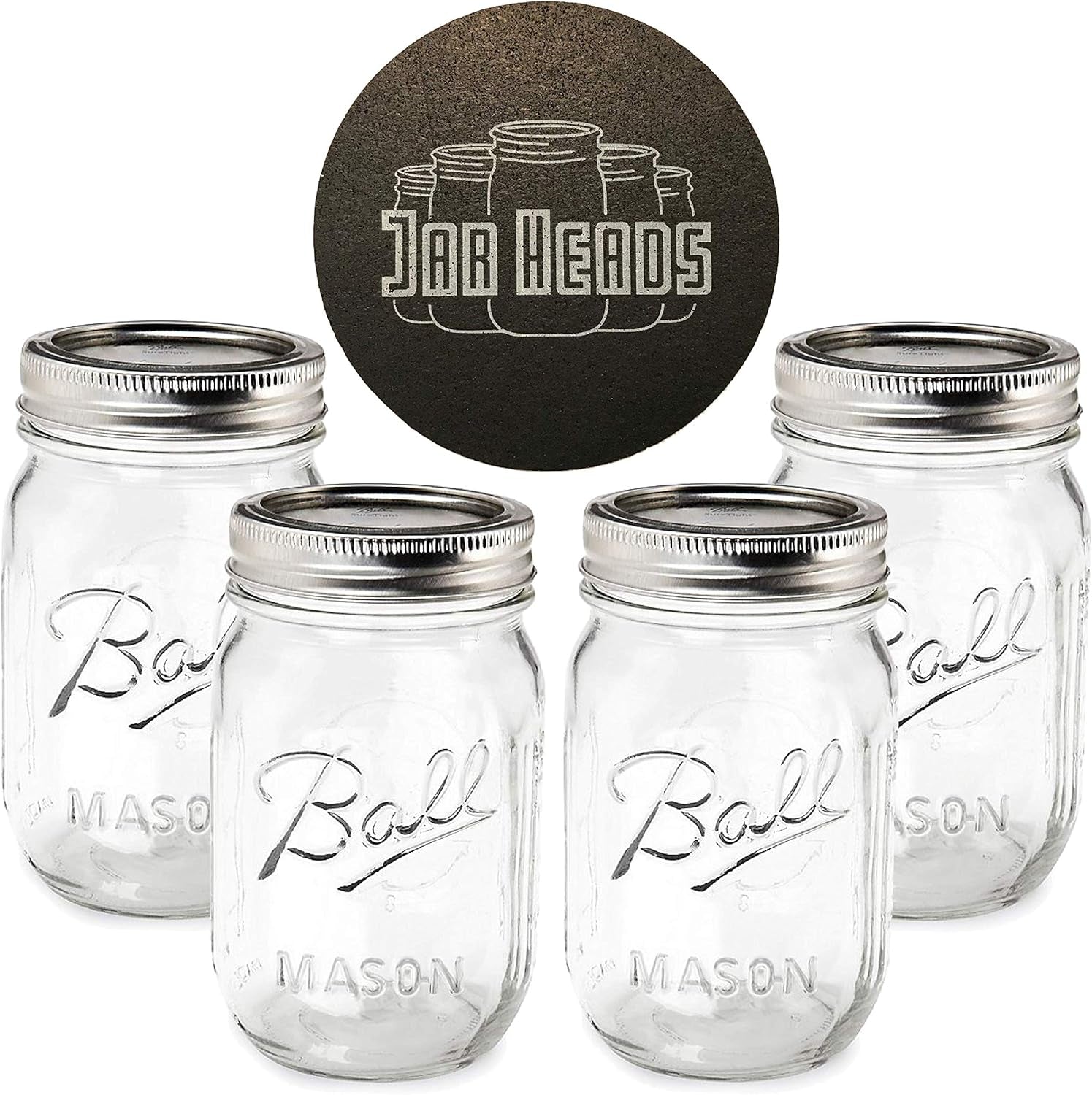 Ball Mason Jars 16 Oz Bundle with Non Slip Jar Opener- Set of 4 16 Ounce Size Mason Jars with Regular Mouth - Canning Glass Jars with Lids, Heritage Collection