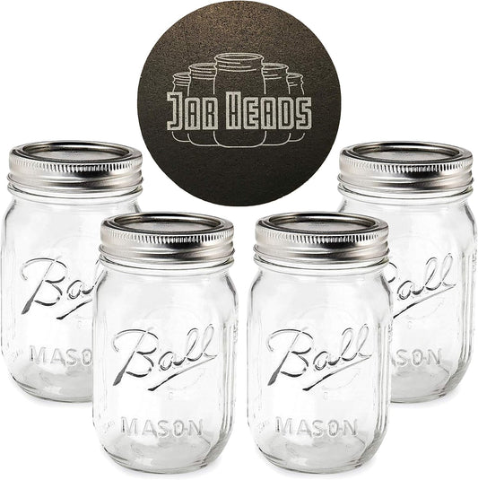 Ball Mason Jars 16 Oz Bundle with Non Slip Jar Opener- Set of 4 16 Ounce Size Mason Jars with Regular Mouth - Canning Glass Jars with Lids, Heritage Collection